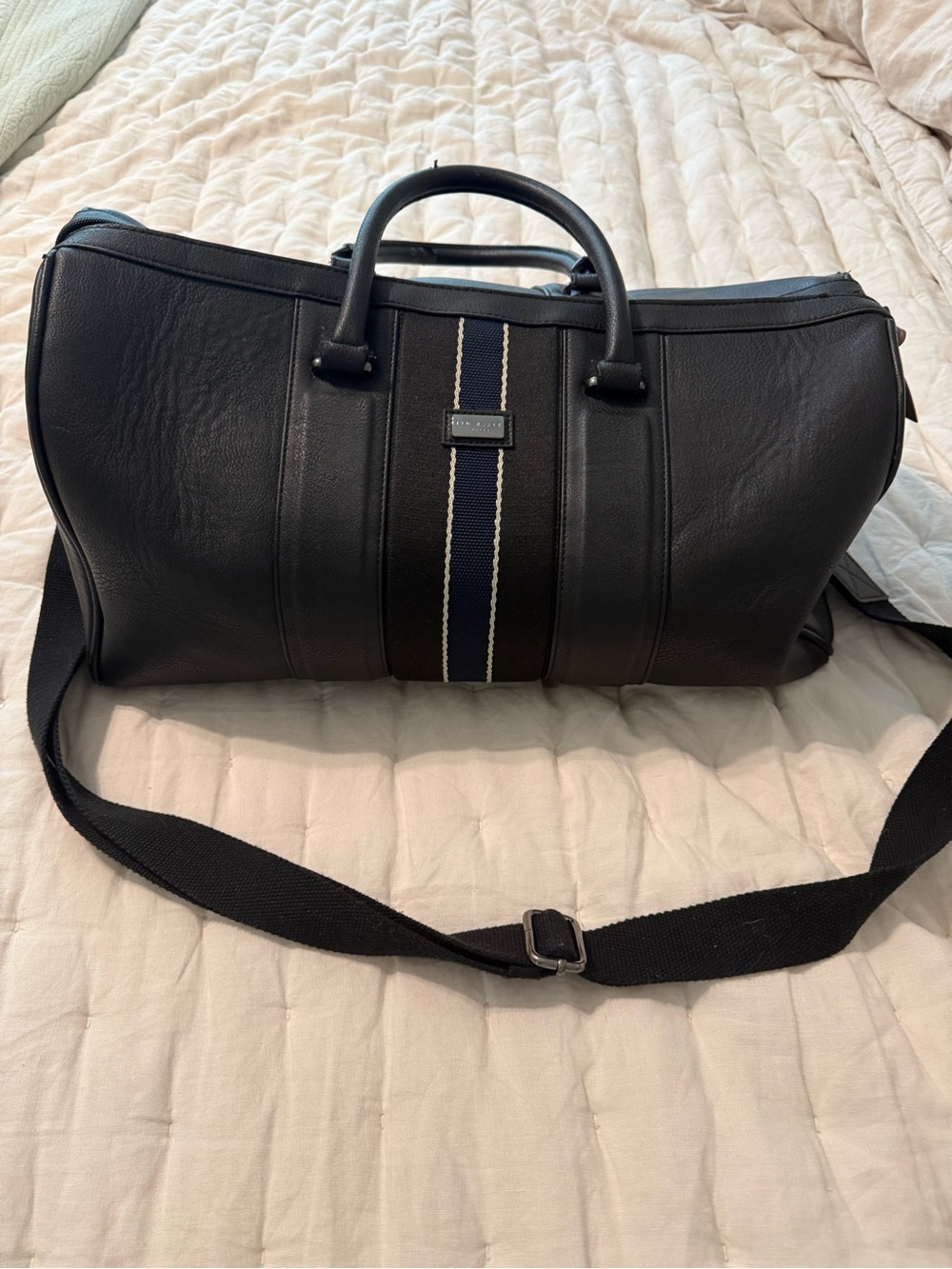 Ted Baker Black Leather Weekender Duffel Bag with Navy Stripe